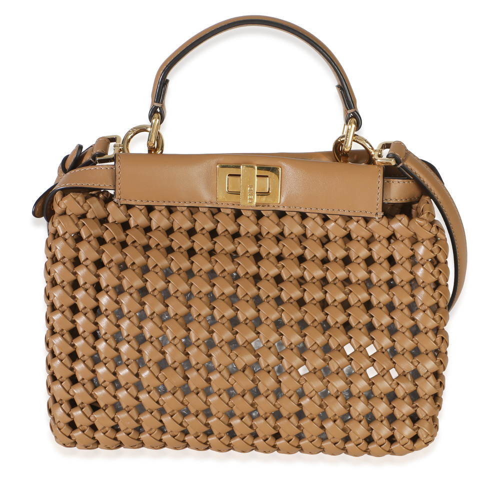 Fendi Cappuccino Woven Calfskin Mini Peekaboo Iconic Satchel